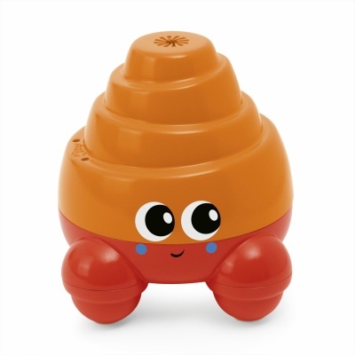 Brinquedo infantil vermelho e laranja com olhos grandes e sorriso