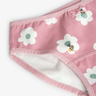 Cueca feminina rosa com padrão de flores e abelhas