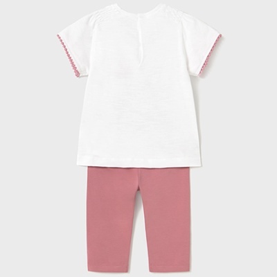 Conjunto infantil com t-shirt branca e calças cor-de-rosa
