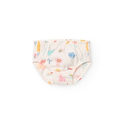Cueca de bebé branca com padrão colorido de flores e insetos