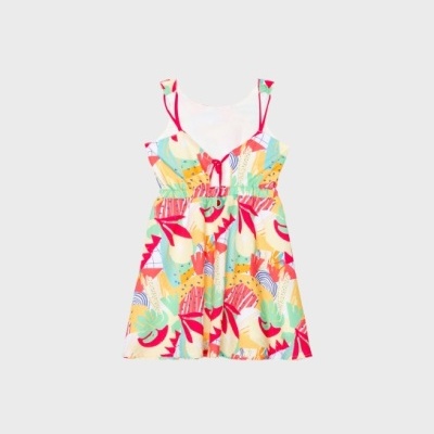 Vestido de criança com padrão colorido, alças e cintura elástica