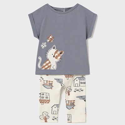 Conjunto infantil t-shirt azul e calças estampadas brancas