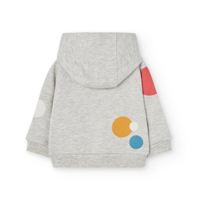 Casaco com capuz cinza claro com círculos coloridos