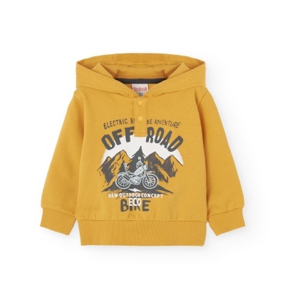 Camisola com capuz amarela mostarda com estampa de montanhas e ciclista