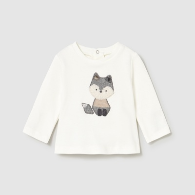 Camisola branca para bebé com raposa aplicada na frente