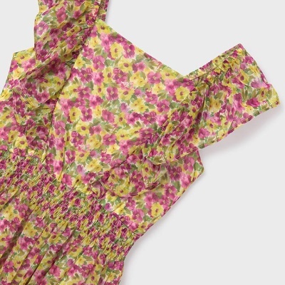 Vestido floral rosa e amarelo com franzidos e alça larga