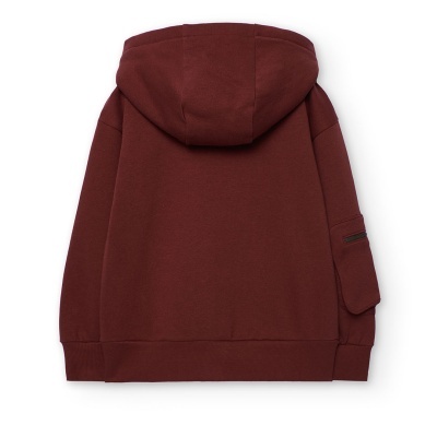 Casaco castanho escuro com capuz e bolso na manga