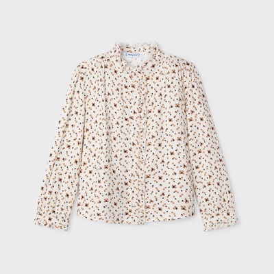 Camisa feminina branca com flores castanhas e pretas, mangas compridas e gola com folhos