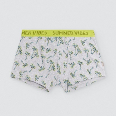 Cuecas boxer cinza claro com padrão de palmeiras e cintura elástica amarela texto