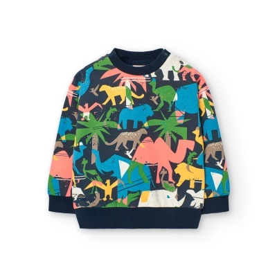 Camisola infantil azul com padrão colorido de animais e plantas