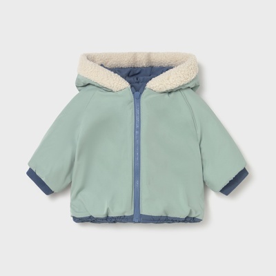 Casaco verde água acolchoado para bebé com capuz e fecho azul