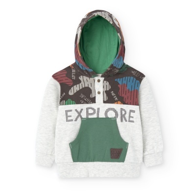 Camisola com capuz para criança com estampa e bolso verde