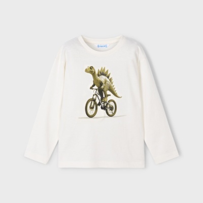 Camisola branca de manga comprida com estampa de dinossauro a andar de bicicleta