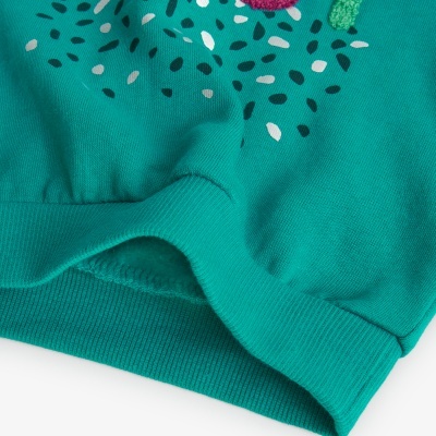 Peça de roupa verde-azulado com punho canelado e estampado colorido