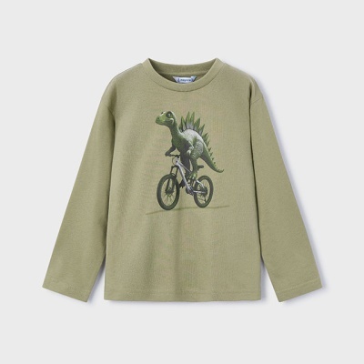 Camisola verde-oliva com estampa de dinossauro numa bicicleta