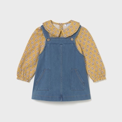 Vestido de menina azul denim com mangas amarelas floridas