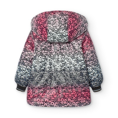 Casaco infantil com capuz e padrão colorido em fundo branco