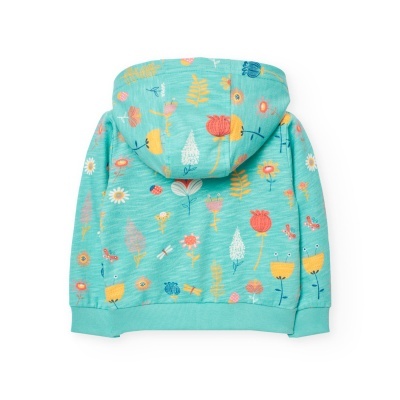 Camisola de criança azul-turquesa com capuz e padrão de flores coloridas