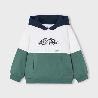 Sweatshirt com capuz branco, verde e azul com estampa de montanhas e texto