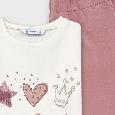 Conjunto infantil com camisola creme estampada e calças cor-de-rosa