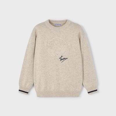 Camisola bege de malha com desenho e palavra Fenn em azul escuro