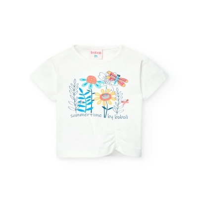 T-shirt branca com estampa colorida e franzido frontal