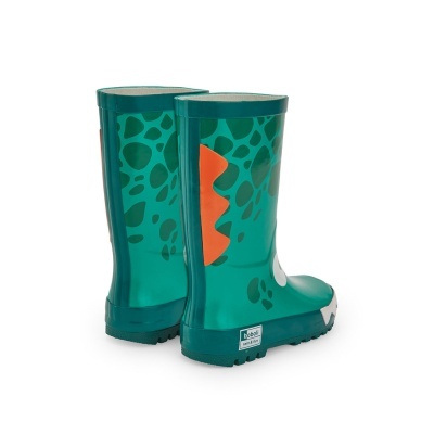 Botas de chuva verde com padrão de manchas e detalhe laranja para criança
