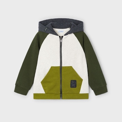 Casaco com capuz infantil com fecho de correr e bolsos verdes e bege