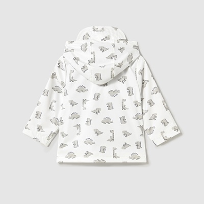 Casaco branco para criança com padrão de dinossauros cinzentos visto de costas