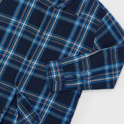 Camisa de manga comprida azul xadrez com botões