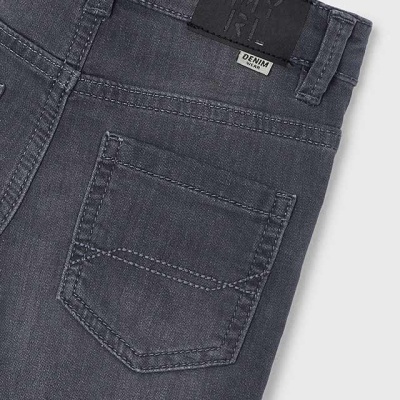 Calças de ganga cinza escuro com bolso traseiro e etiquetas