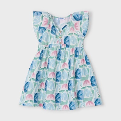 Vestido infantil floral azul, verde e rosa com mangas curtas