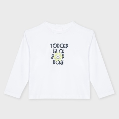 T-shirt branca de manga comprida com texto e flor sorridente no centro