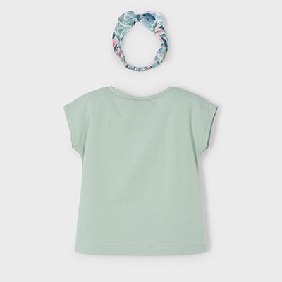 T-shirt verde água e faixa de cabelo floral para criança