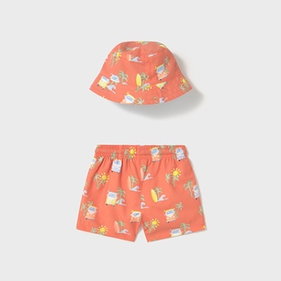 Conjunto chapéu e calção criança laranja com estampado tropical