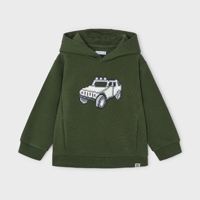 Camisola de capuz verde com estampa de carro pixelado cinza e branco
