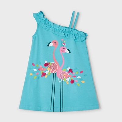 Vestido azul turquesa com flamingos rosa estampados