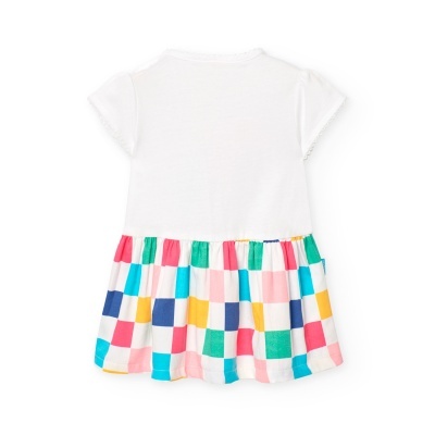 Vestido infantil branco com saia quadriculada colorida