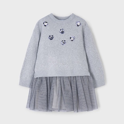 Vestido cinzento com malha e saia de tule para criança