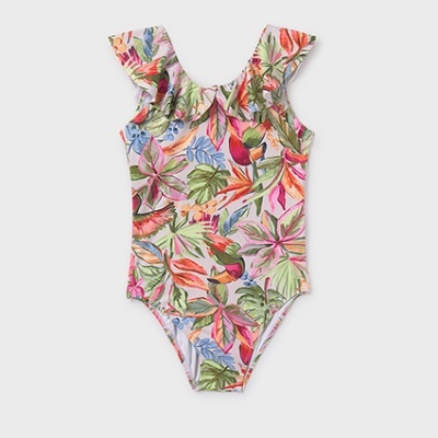 Fato de banho infantil com padrão floral colorido e alças franzidas