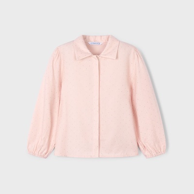 Camisa feminina cor-de-rosa claro com pequenos pontos e gola clássica