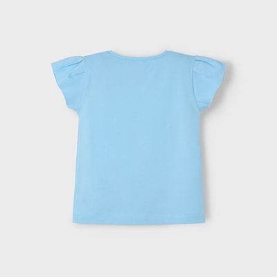 T-shirt azul clara de manga curta com folhos vista atrás