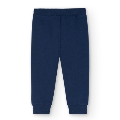 Calças de bebé azul escuro com cós elástico e bainhas justas.