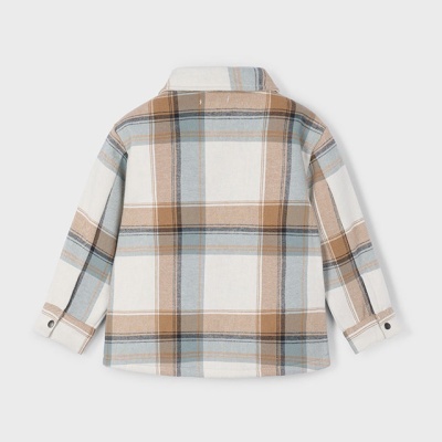 Casaco infantil xadrez em bege, azul claro e castanho com botões nas mangas