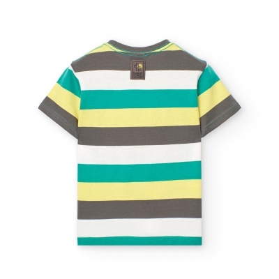 Camisola infantil às riscas com etiqueta castanha nas costas