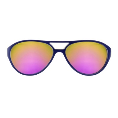 Óculos de sol azuis com lentes espelhadas amarelas e rosas
