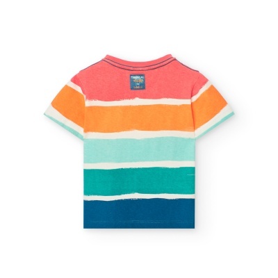 Camiseta infantil listrada colorida, vista atrás.