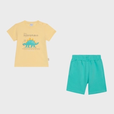 Conjunto infantil t-shirt amarela com dinossauro e calções azuis