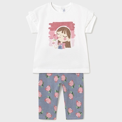 Conjunto infantil t-shirt branca e leggings cinzentas com flores