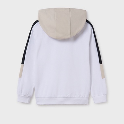 Casaco branco com capuz bege e riscas negras nas mangas para criança